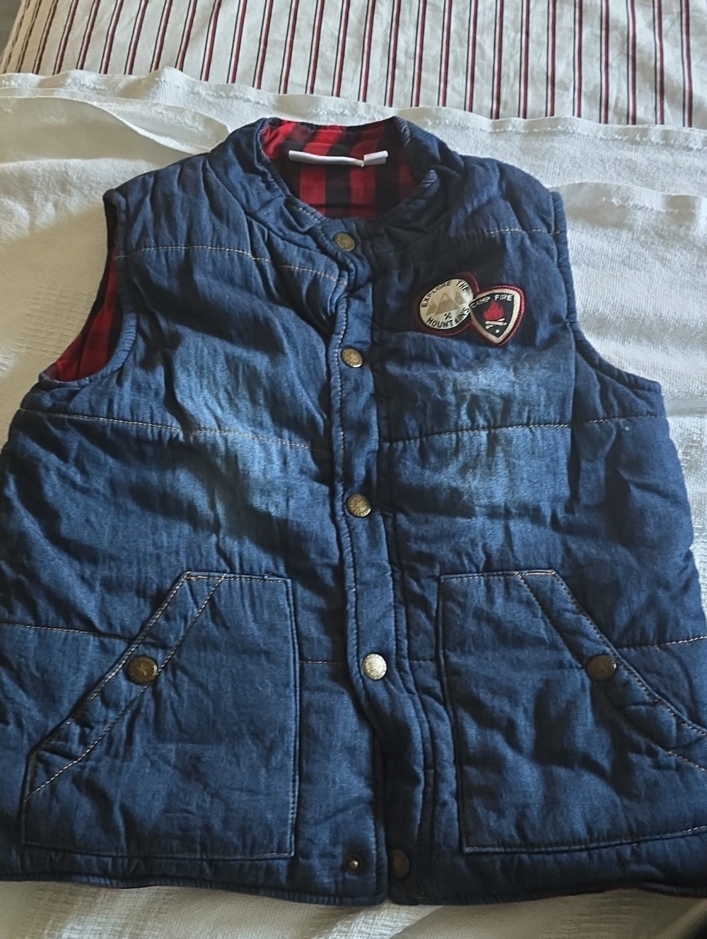 Kids Headquarters Blue Quilted Vest with Red Plaid Lining
